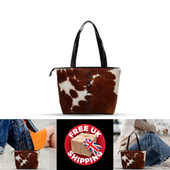 Chic Brown and White Cowhide Tote Bag - Fashionable, Spacious, and Handmade in South Asia