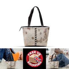 Luxurious Handmade White Cowhide Shoulder Bag - Stylish & Practical Cowskin Purse for Women, Natural Print Variation - Free UK Shipping