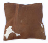 Luxurious Handmade Brown & White Cowhide Accent Sofa Cushion Cover with Suede Back - Unique Hair-on Leather Design - 15 x 15 Size