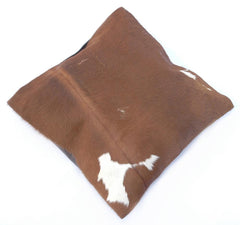 Luxurious Handmade Brown & White Cowhide Accent Sofa Cushion Cover with Suede Back - Unique Hair-on Leather Design - 15 x 15 Size