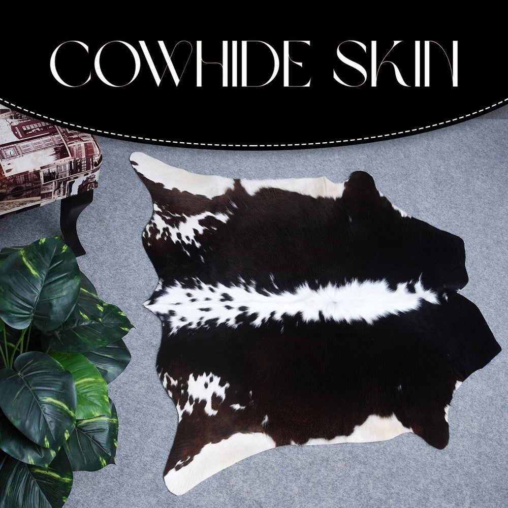 Luxurious Handcrafted Dark Brown and White Cowhide Rug with Hypoallergenic Properties & Non-Slip Suede Back - Small Animal Print Rug - Celestial Leather Limited