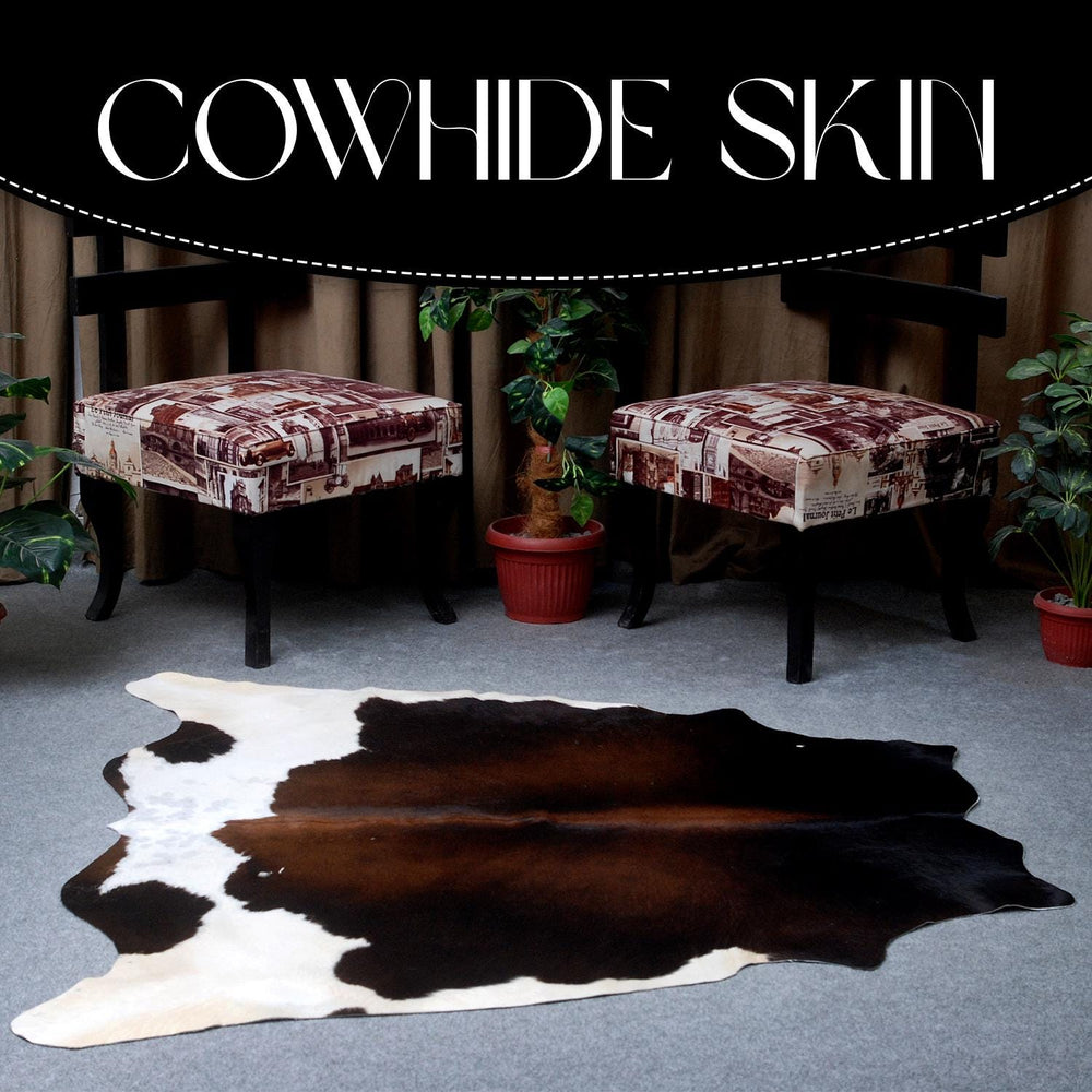 Luxurious Natural Dark Brown & White Cowhide Rug for Chic Lounge Decor - Large Size, Hypoallergenic, Non-Slip Suede Back, Free Shipping in - Celestial Leather Limited
