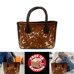 Handmade Brown and White Cowhide Shoulder Bag - Chic Leather Tote with Stylish Animal Print Design, Spacious and Versatile Daily Handbag