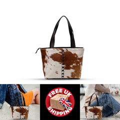 Brown & White Cowhide Shoulder Bag - Handmade Leather Tote for Women, Stylish Daily Handbag with Natural Animal Print, Fast Shipping