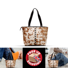 Luxurious Light Brown and White Cowhide Shoulder Bag - Handmade Hair on Leather Tote with Chic Animal Print Design for Daily Use