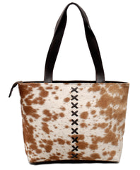 Luxurious Light Brown and White Cowhide Shoulder Bag - Handmade Hair on Leather Tote with Chic Animal Print Design for Daily Use