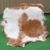 Luxury Brown and White Natural Goat Skin Rug with Modern Graphic Pattern for Stylish Wall Décor - Hypoallergenic and Non-Shedding, - Celestial Leather Limited