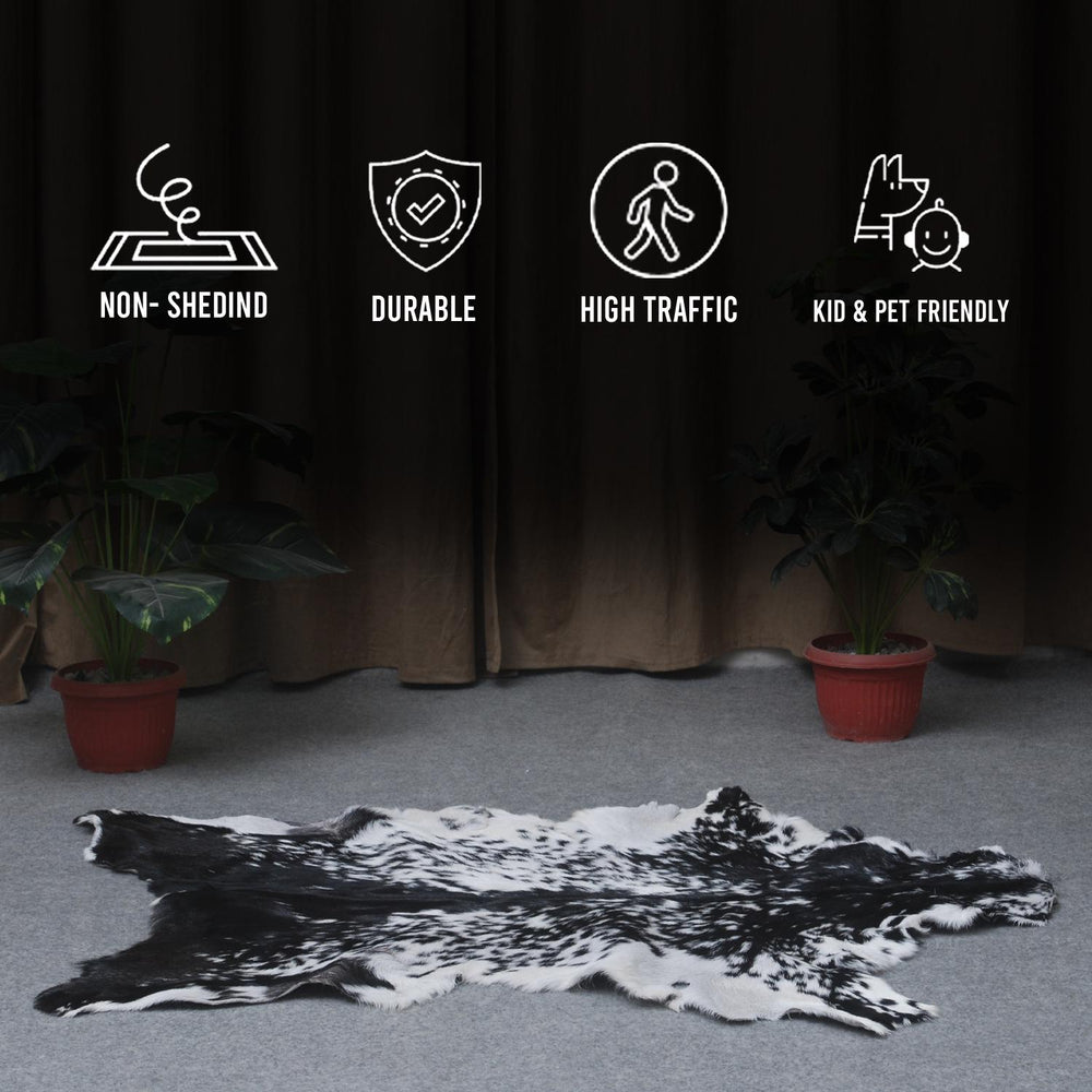 Luxurious Handmade Black & White Goat Skin Rug - Soft, Pet-Friendly, Hypoallergenic, & Eco-Friendly - Unique Statement Piece for Your Home - Celestial Leather Limited