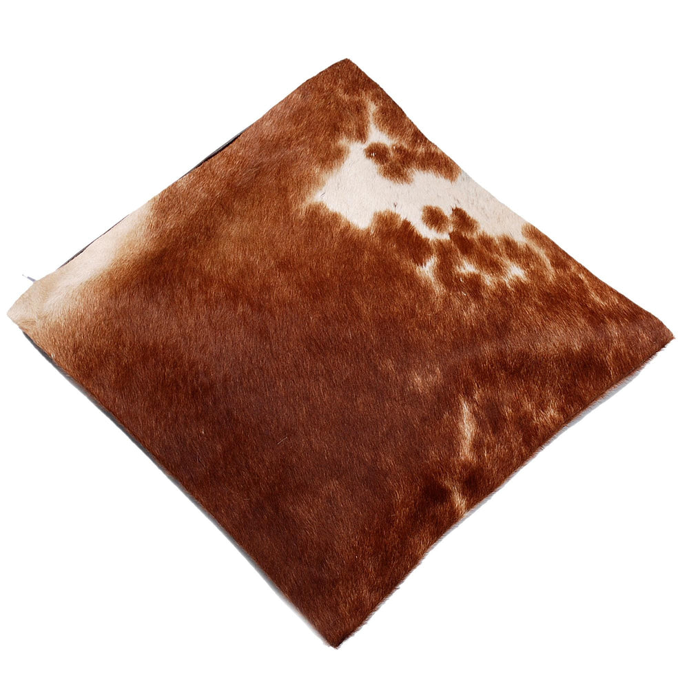Luxurious Brown and White Handmade Cowhide Cushion Cover with Faux Leather Back - Celestial Leather Limited