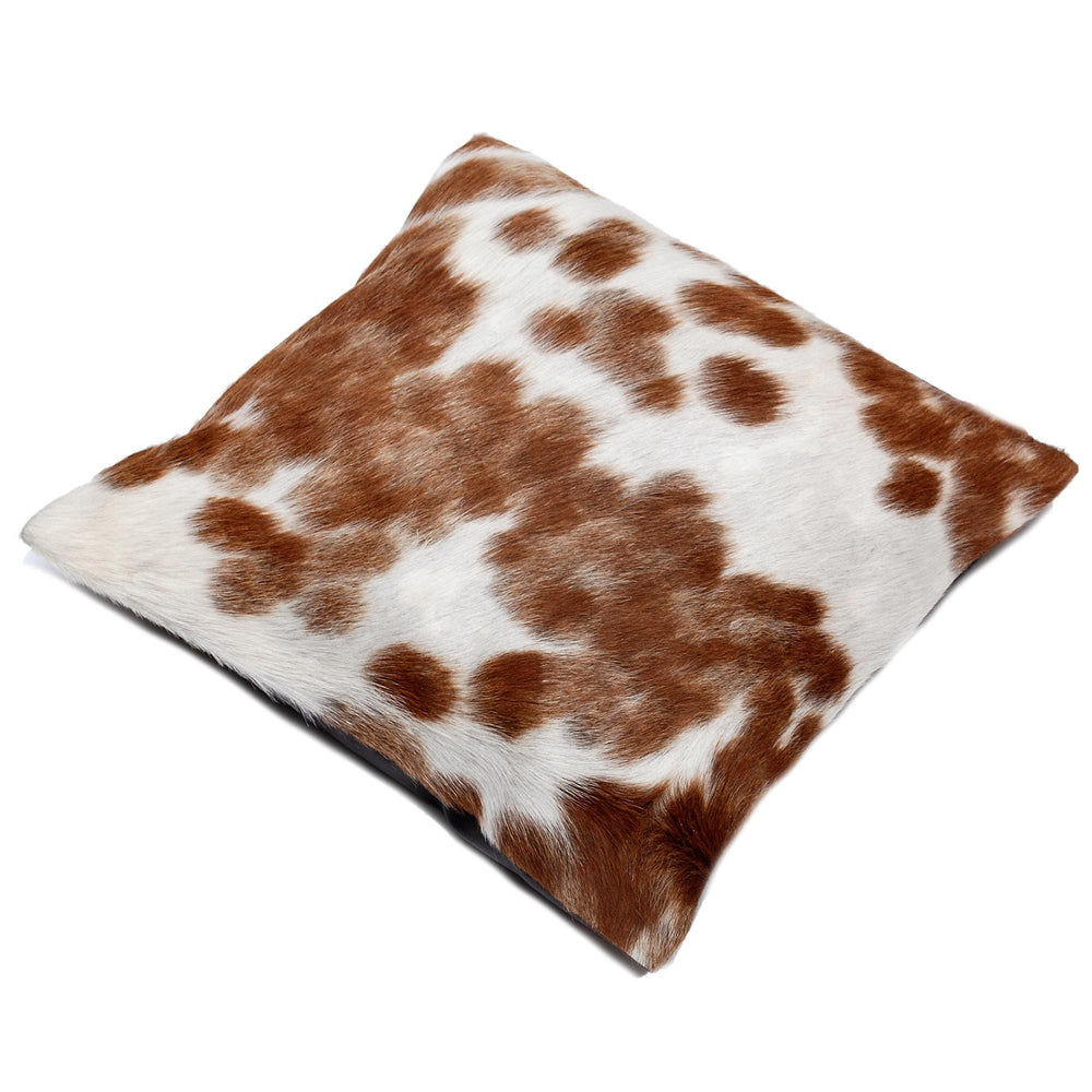 Luxurious Handmade Brown and White Cowhide Cushion Cover - Unique Animal Patterns, Soft Faux Leather Back, Rustic Elegance - Celestial Leather Limited
