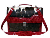 Stunning Black N White Cowhide Shoulder Bag with Red Crocodile Print Strap - Handmade Leather Bag with Celestial Leather Hide - Unique
