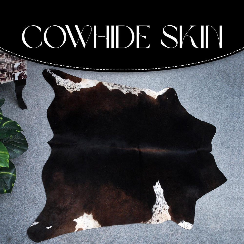 Luxurious Natural Dark Brown and White Cowhide Rug with Small Animal Print - Hypoallergenic, Non-Slip Suede Back, Non-Shedding - Handcrafted - Celestial Leather Limited