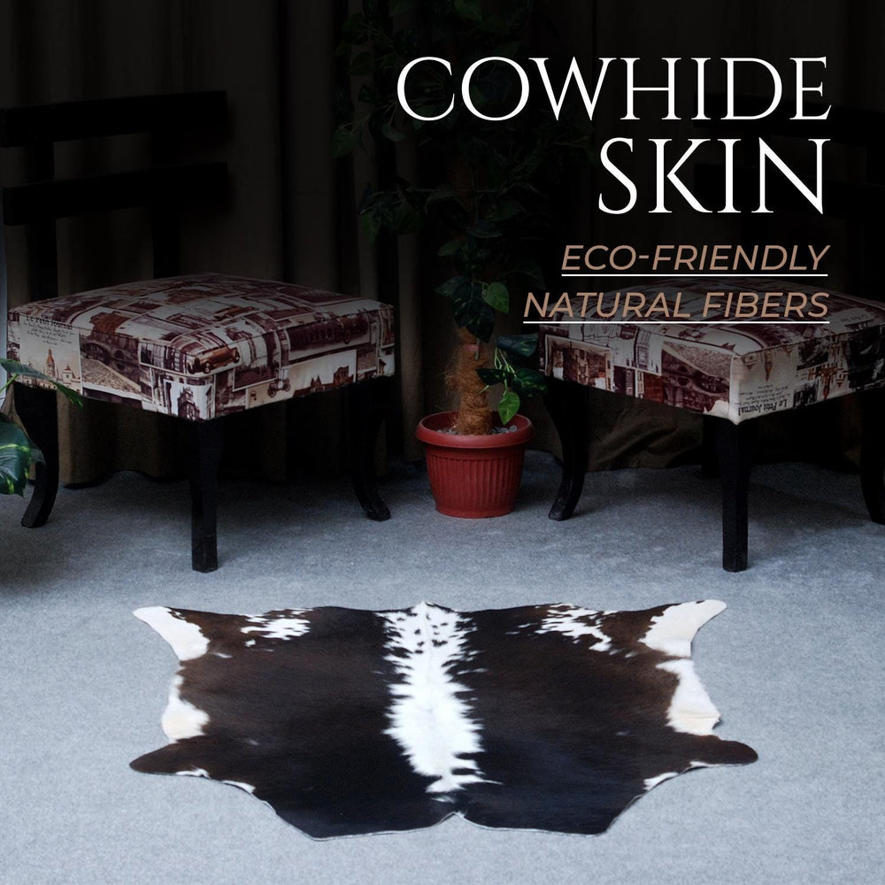 Luxurious Handcrafted Dark Brown and White Cowhide Rug with Hypoallergenic Properties & Non-Slip Suede Back - Small Animal Print Rug - Celestial Leather Limited