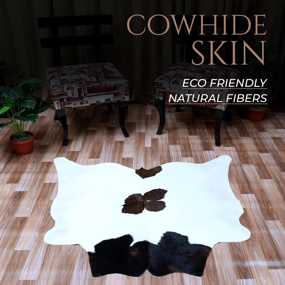 Luxury Dark Brown & White Cowhide Rug - Medium Size Hypoallergenic Area Rug with Unique Natural Beauty for Rustic Charm - Celestial Leather Limited