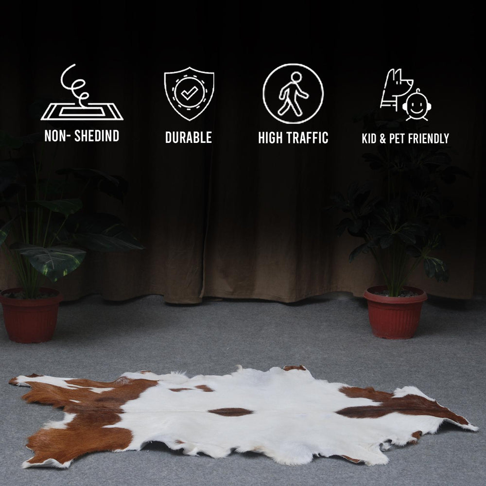 Luxurious Brown and White Goatskin Rug for Modern Home Décor - Hypoallergenic, Non-Shedding, Sustainable, Unique Hair-on Leather Rug - Celestial Leather Limited