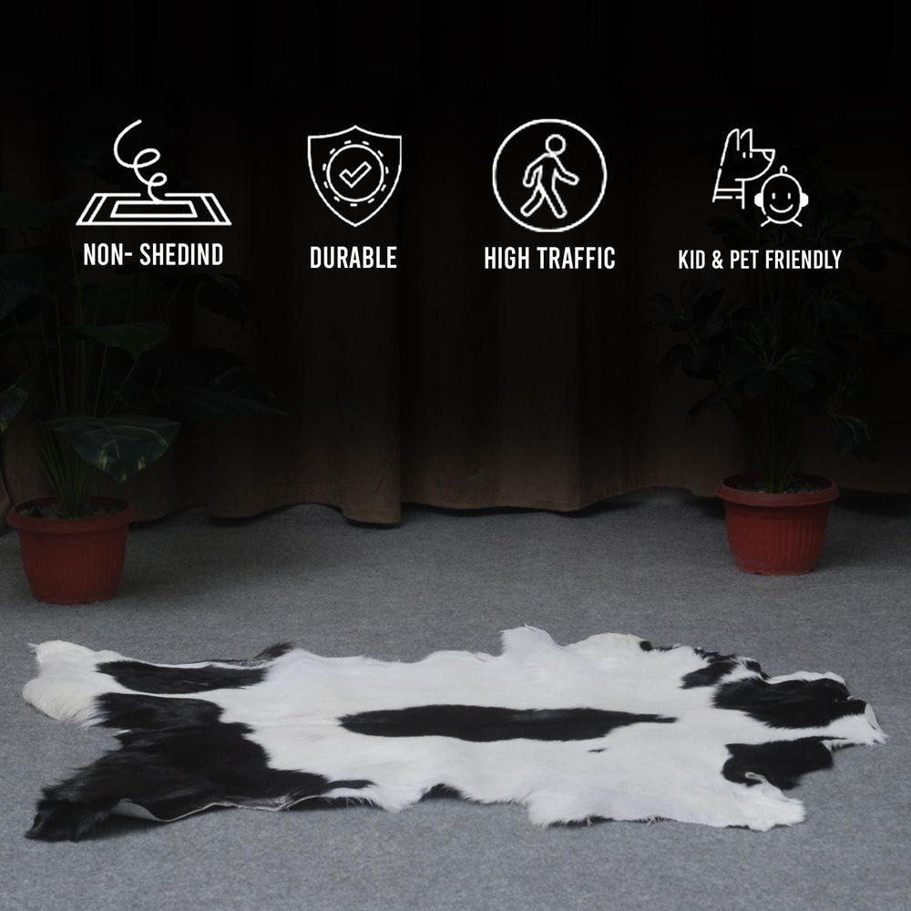 Luxury Black & White Goat Skin Rug - Modern Chic Decor, Natural Softness, Hypoallergenic, Eco-Friendly, Unique Pattern, Non-Slip Backing - Celestial Leather Limited