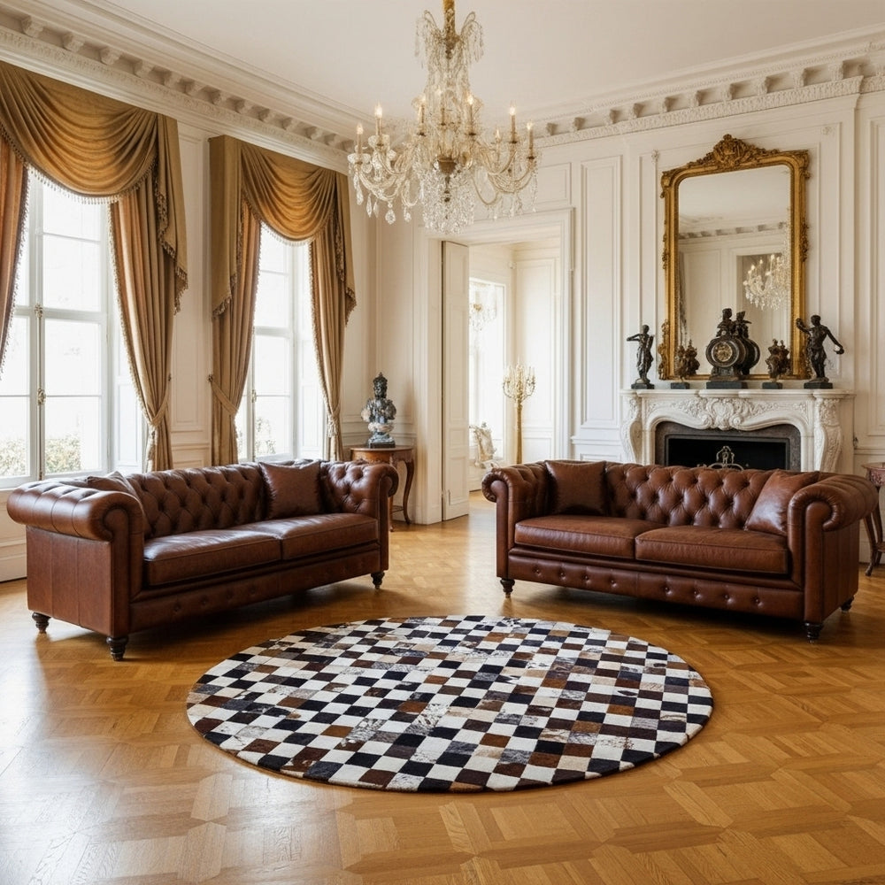 Luxurious living room with brown leather sofas, a checkered rug, and ornate decor.