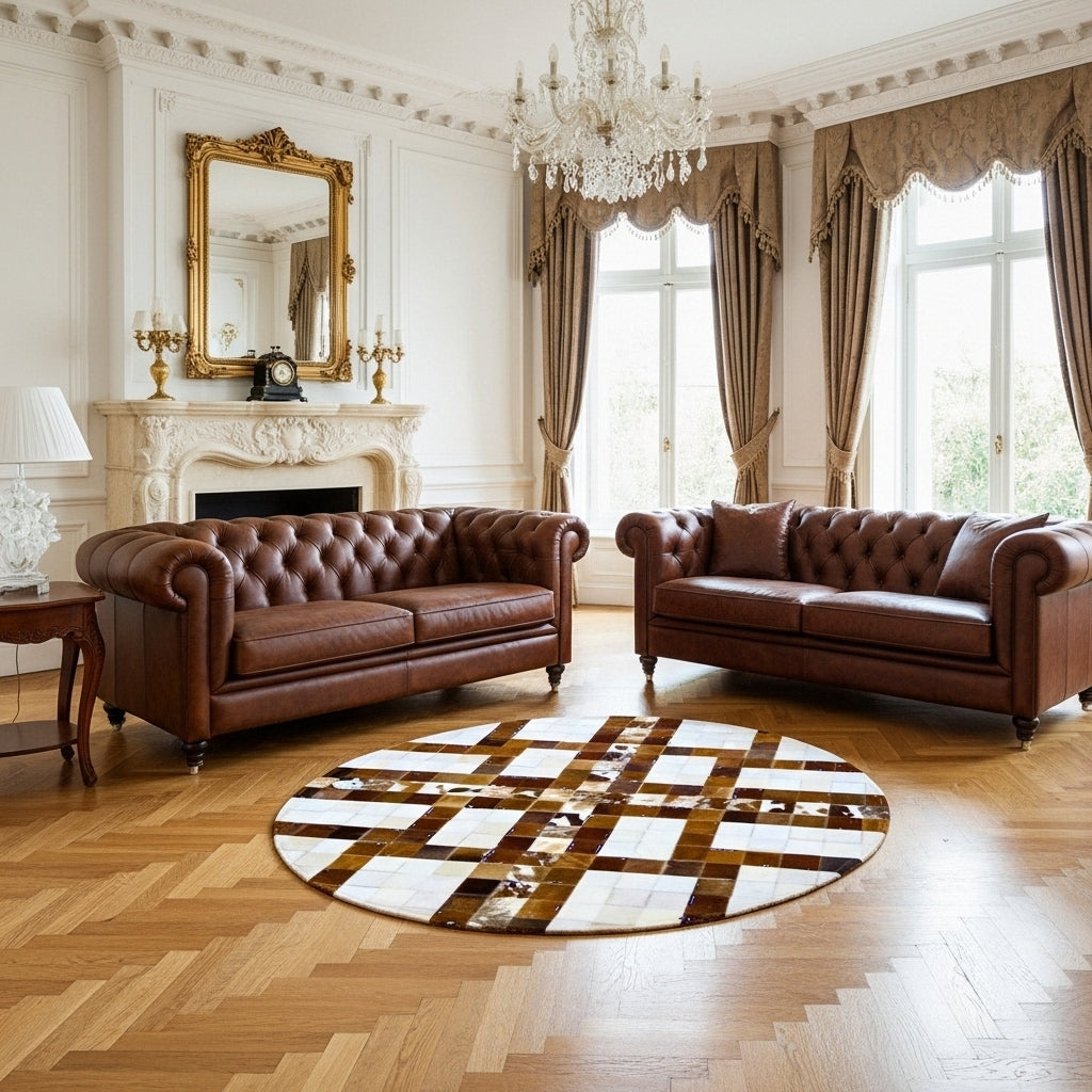 Luxurious living room with brown leather sofas, a checkered rug, and decorative elements.