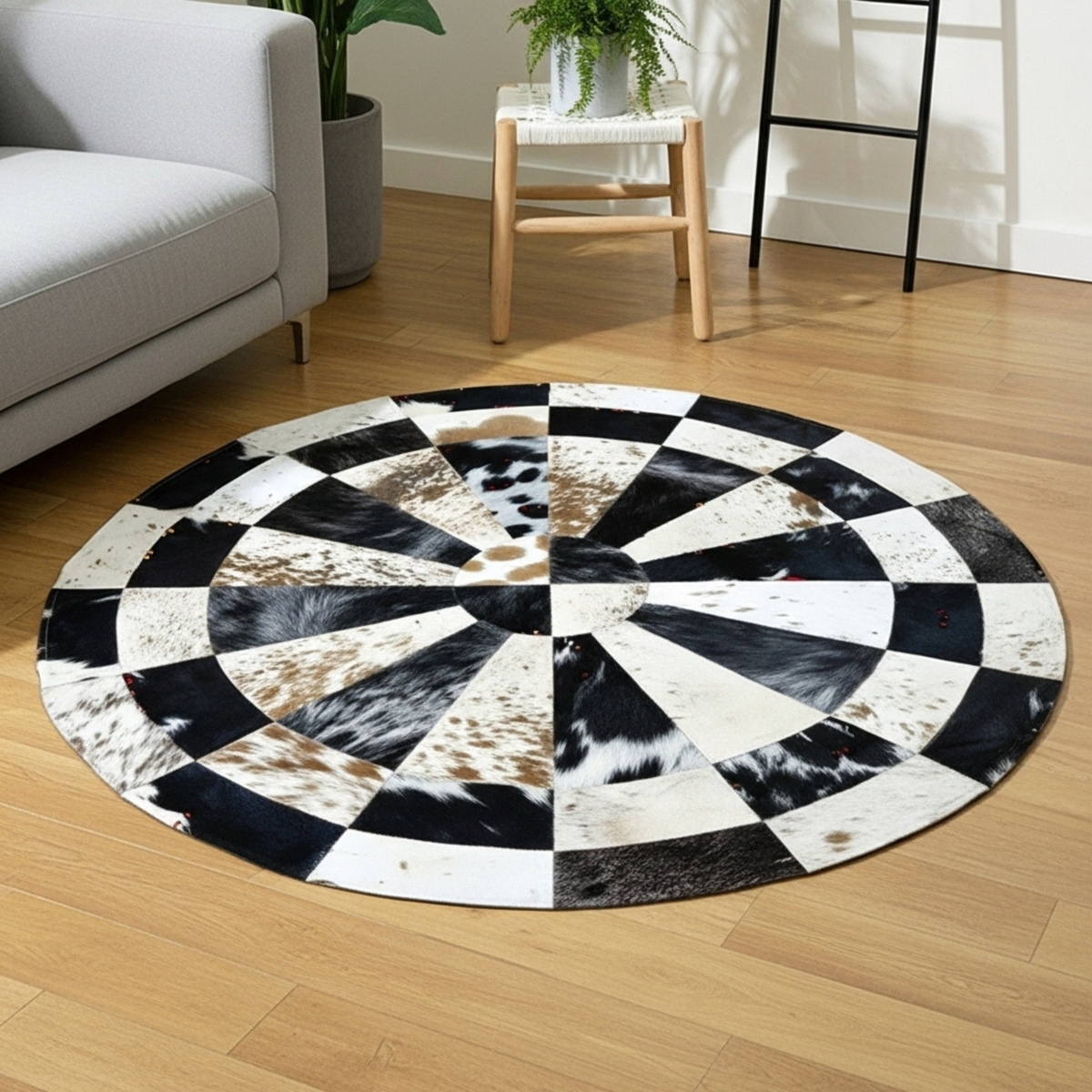 Round checkered rug with black, white, and brown pattern on a wooden floor.