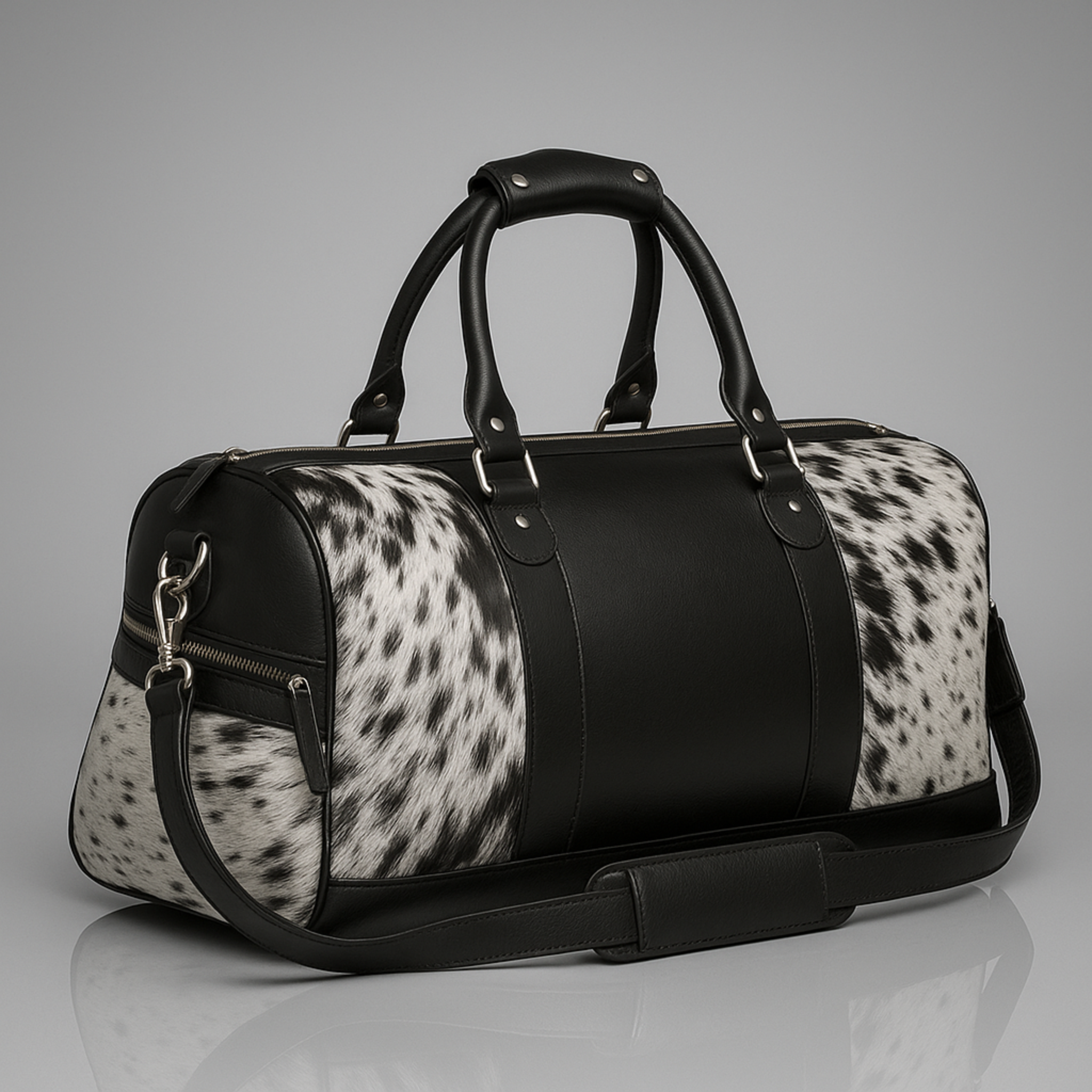 Handcrafted Black White Cowhide Leather Duffle Bag with Full-Grain Accents & Adjustable Strap - Premium Travel Tote for Men - Women