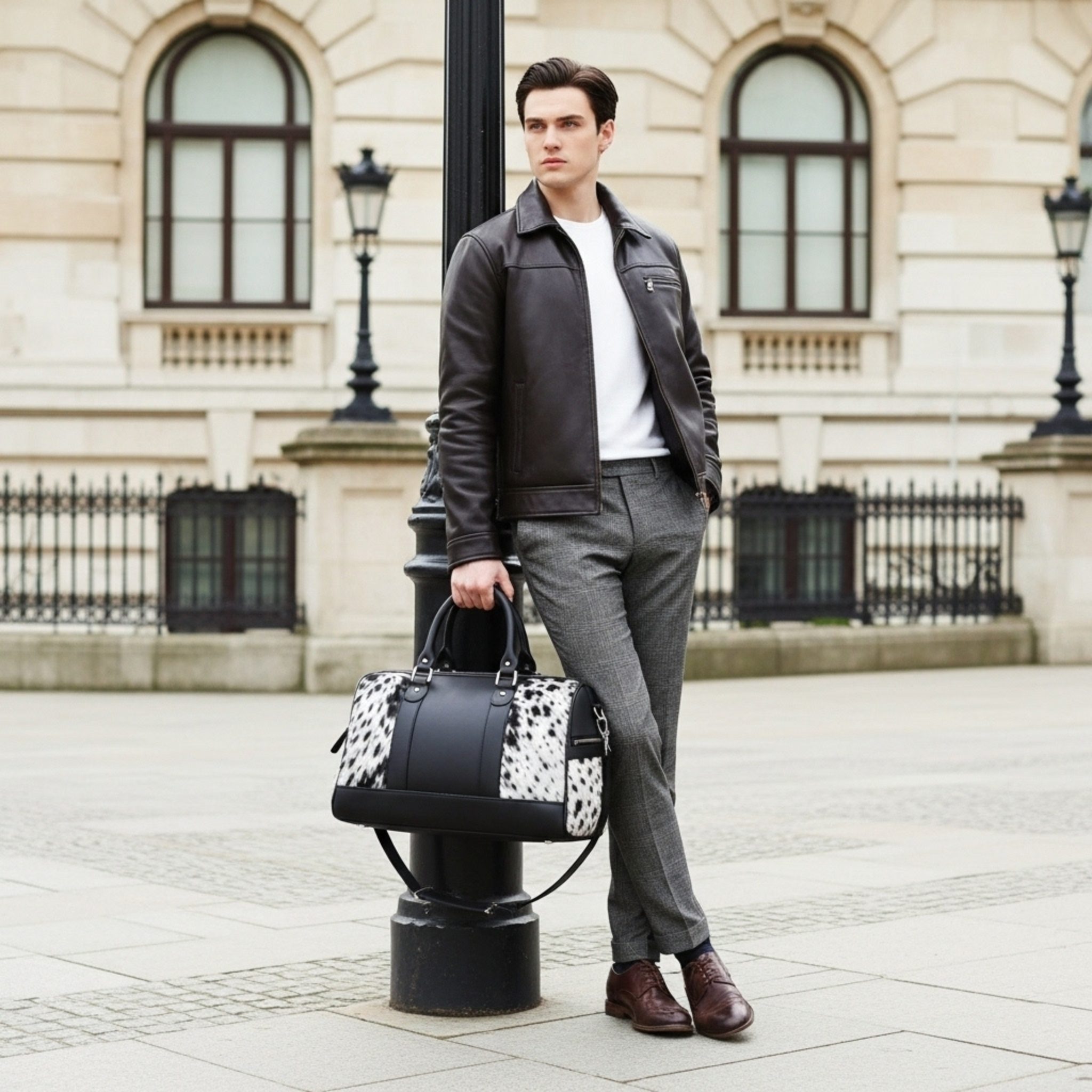 Handcrafted Black White Cowhide Leather Duffle Bag with Full-Grain Accents & Adjustable Strap - Premium Travel Tote for Men - Women