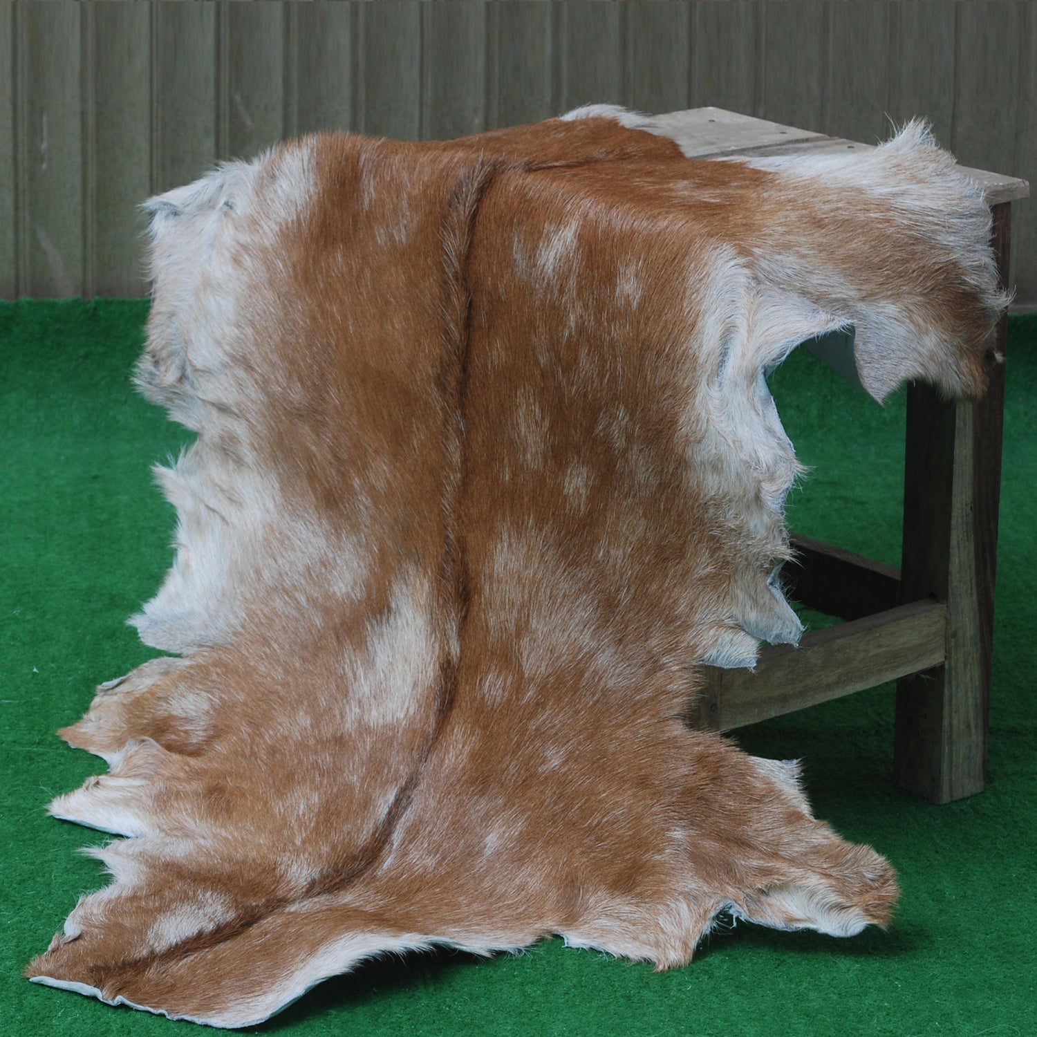 Brown and White Handmade Goat Skin Rug – Classic Elegance for Your Home