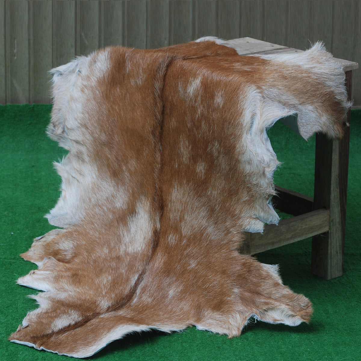 Brown and White Handmade Goat Skin Rug – Classic Elegance for Your Home