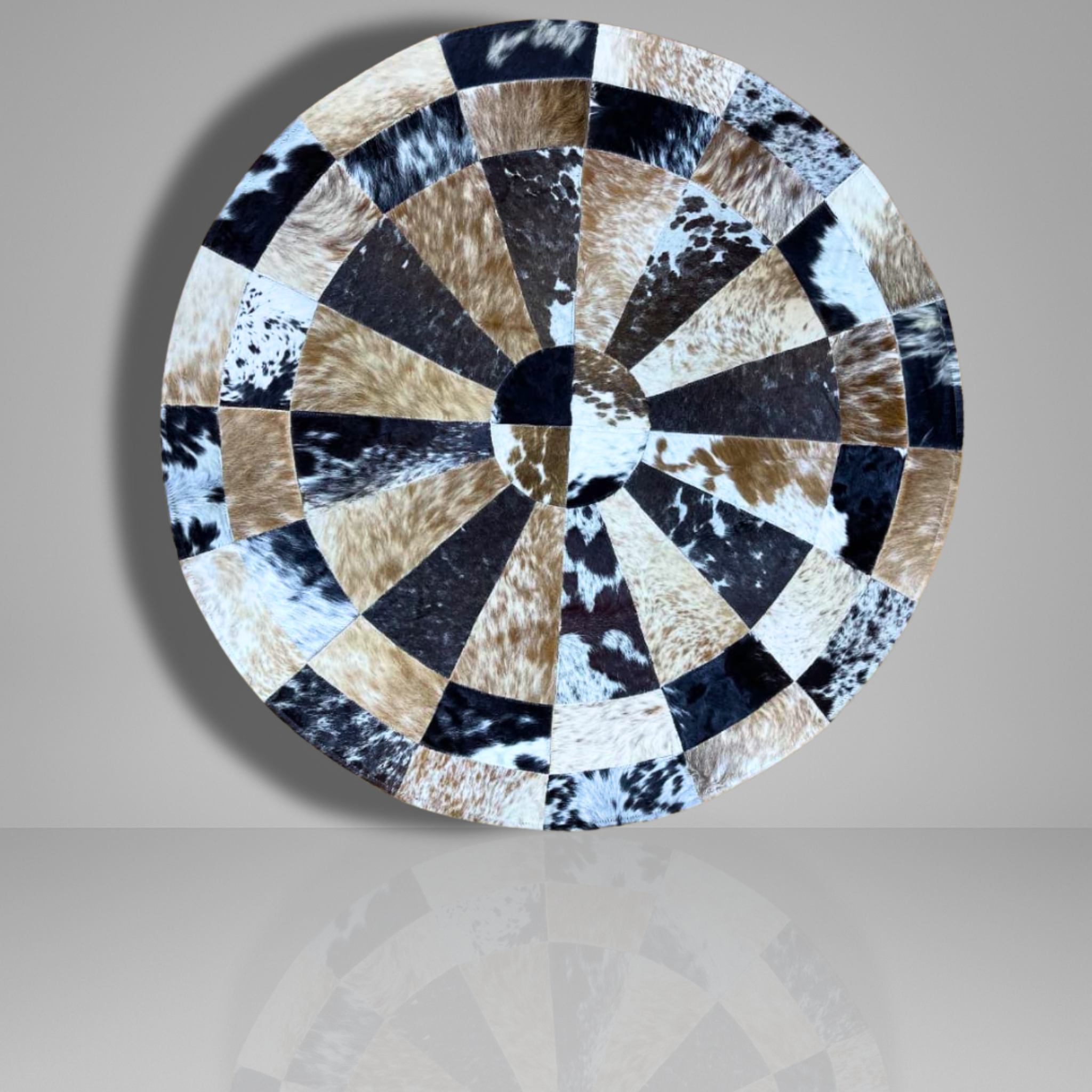 Artisan Round Cowhide Radial Patchwork Rug (9 sq ft)