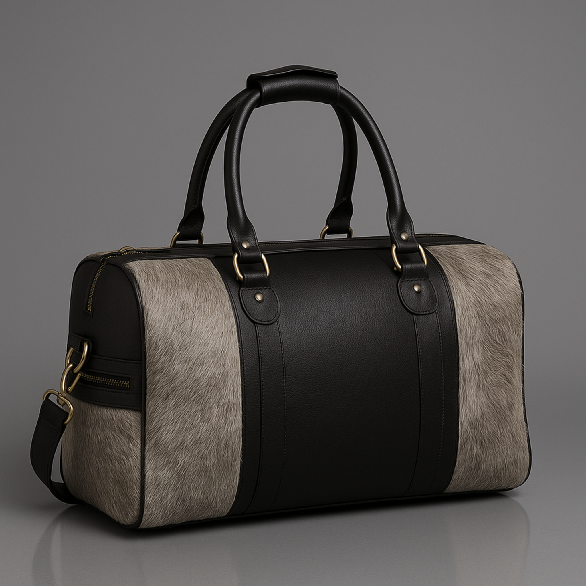 Luxurious Cowhide Duffle Bag with Hair-On-Hide Leather Accents – Stylish Shoulder Tote for Travel, Weekend Getaways - Brown Grey