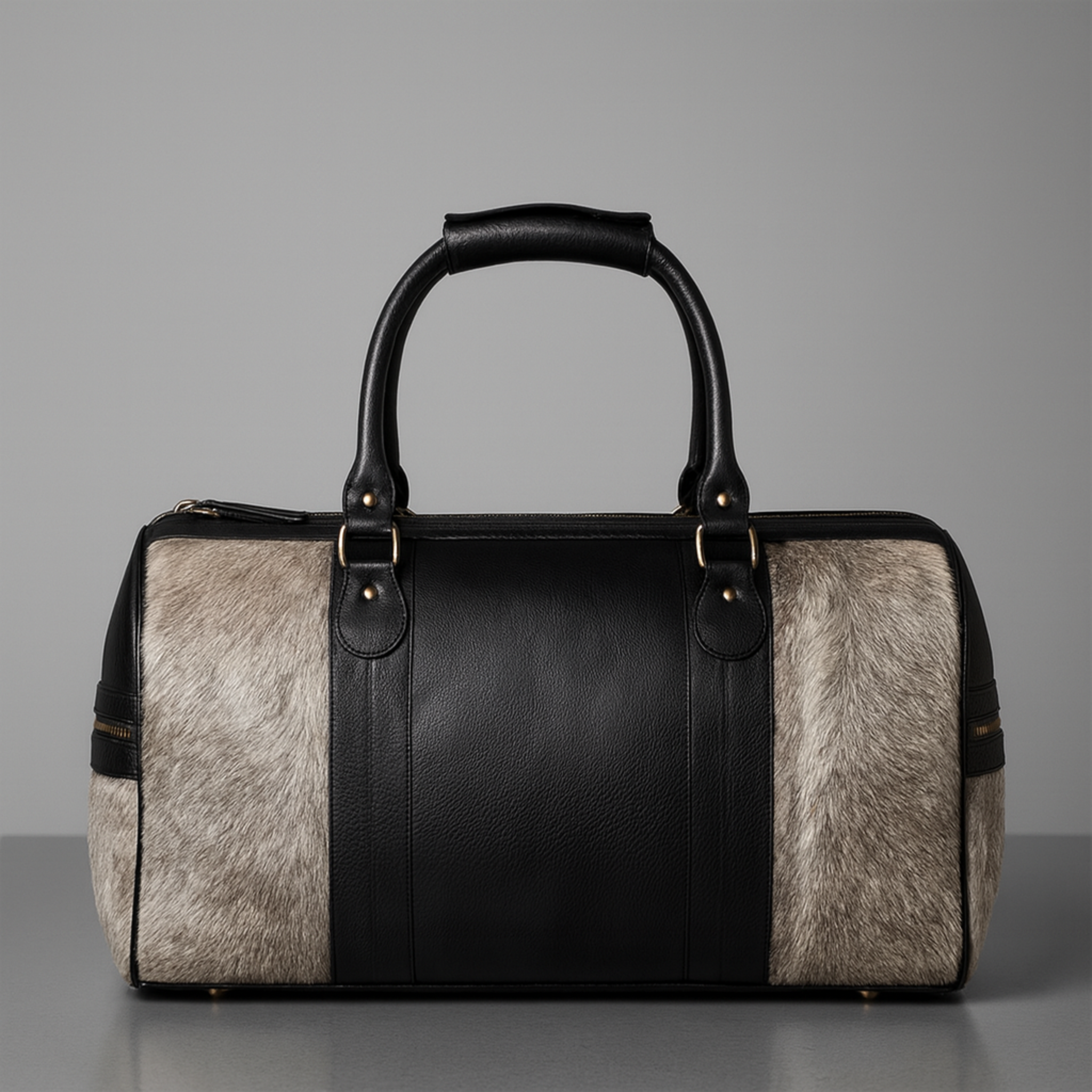 Luxurious Cowhide Duffle Bag with Hair-On-Hide Leather Accents – Stylish Shoulder Tote for Travel, Weekend Getaways - Brown Grey