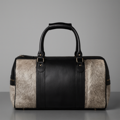 Luxurious Cowhide Duffle Bag with Hair-On-Hide Leather Accents – Stylish Shoulder Tote for Travel, Weekend Getaways - Brown Grey