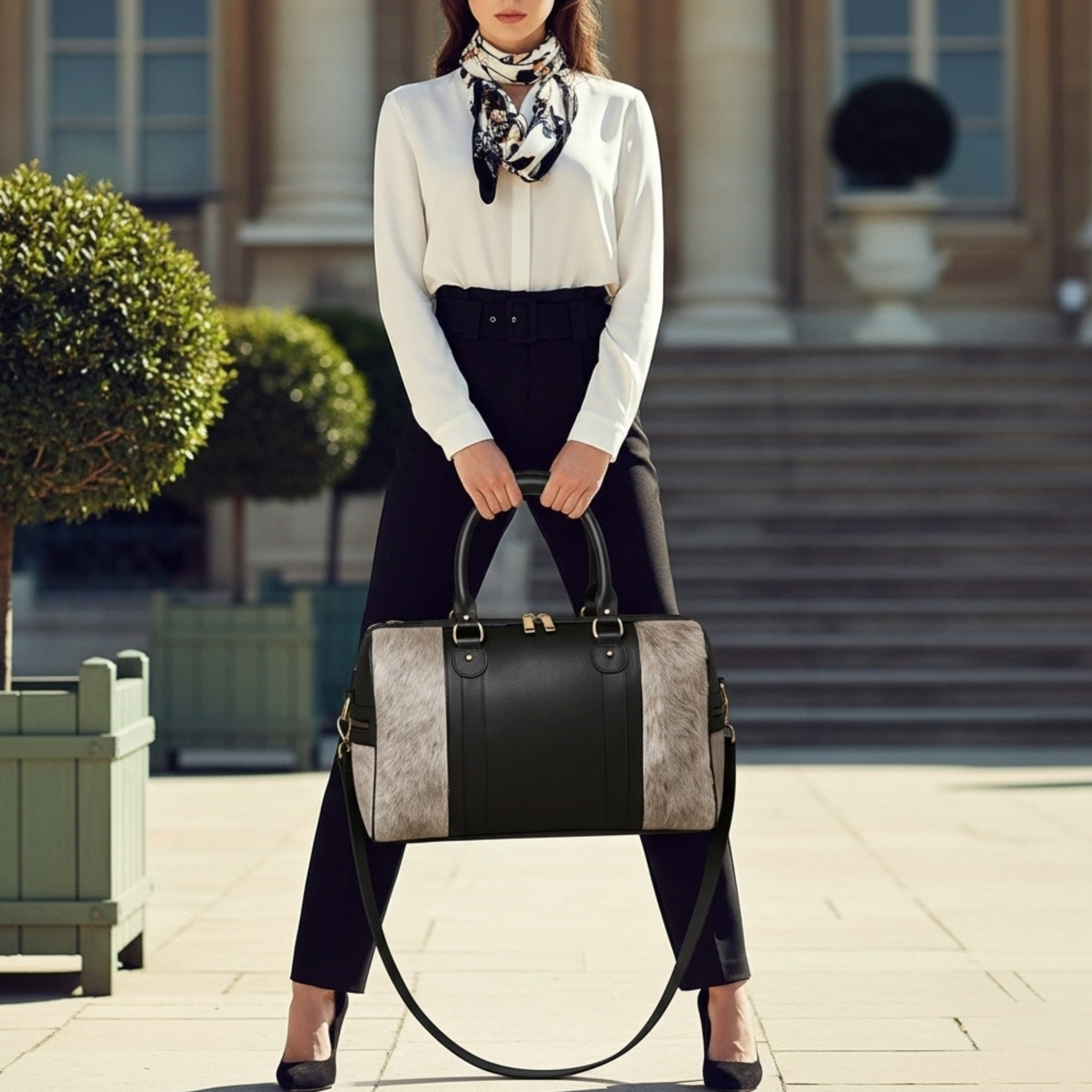 Luxurious Cowhide Duffle Bag with Hair-On-Hide Leather Accents – Stylish Shoulder Tote for Travel, Weekend Getaways - Brown Grey