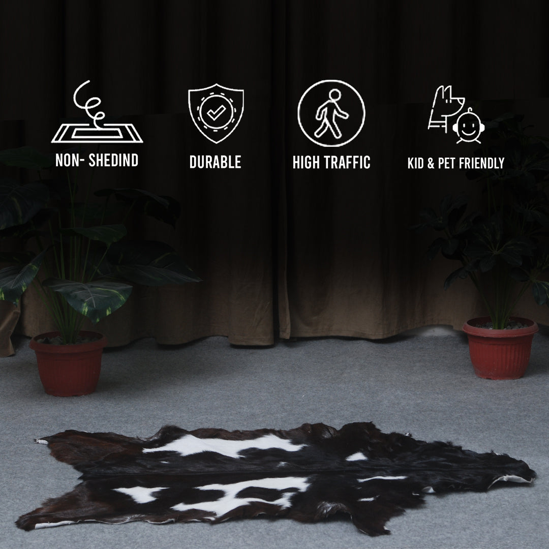 Premium Black and White Goat Skin Rug - Genuine Hair-On Leather for Home Décor - Celestial Leather Limited
