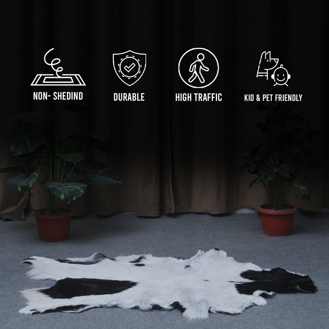 Hair-On Goat Skin Rug - Black and White Design for Unique Living Spaces - Celestial Leather Limited