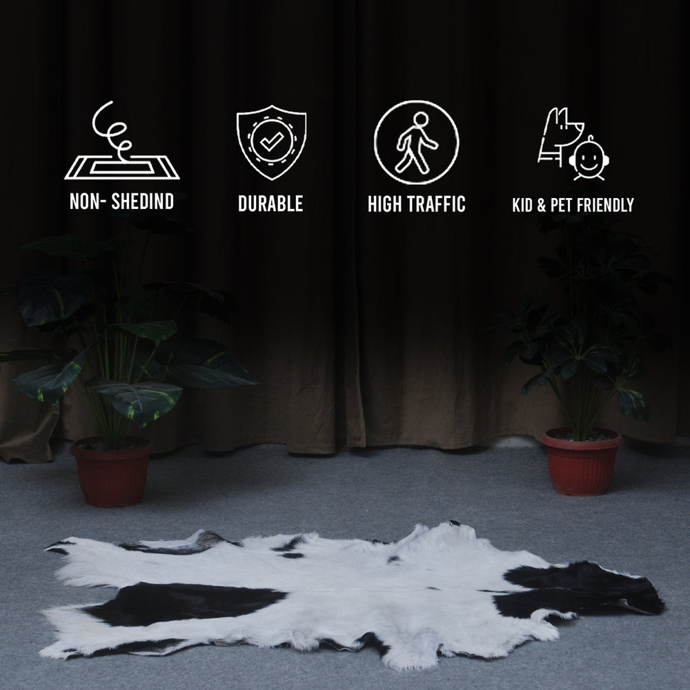 Hair-On Goat Skin Rug - Black and White Design for Unique Living Spaces - Celestial Leather Limited