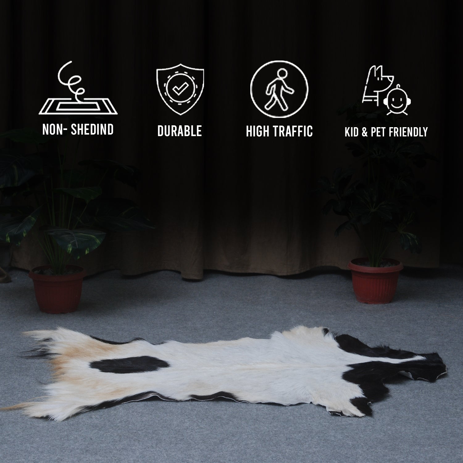 Luxurious Black and White Goat Skin Rug - Natural Hair-On Leather for Home Styling