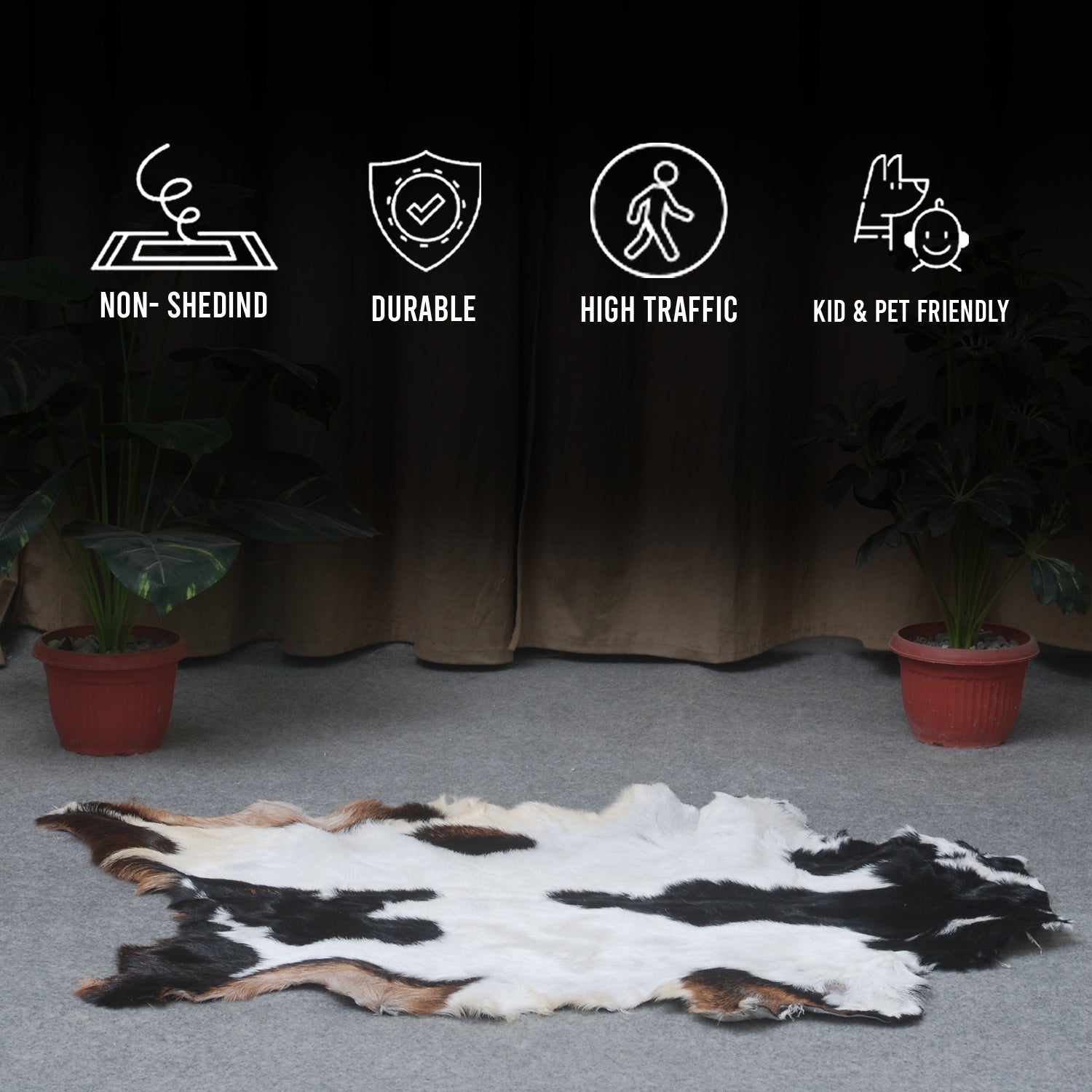 Goat Skin Rug: Tri-Color genuine Goat hide rug