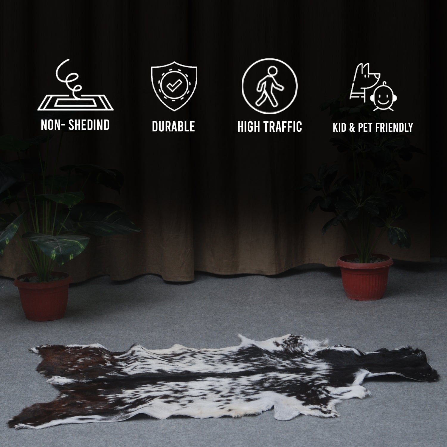 Decorative Black and White Goat Skin Rug - Genuine Leather for Sophisticated Spaces