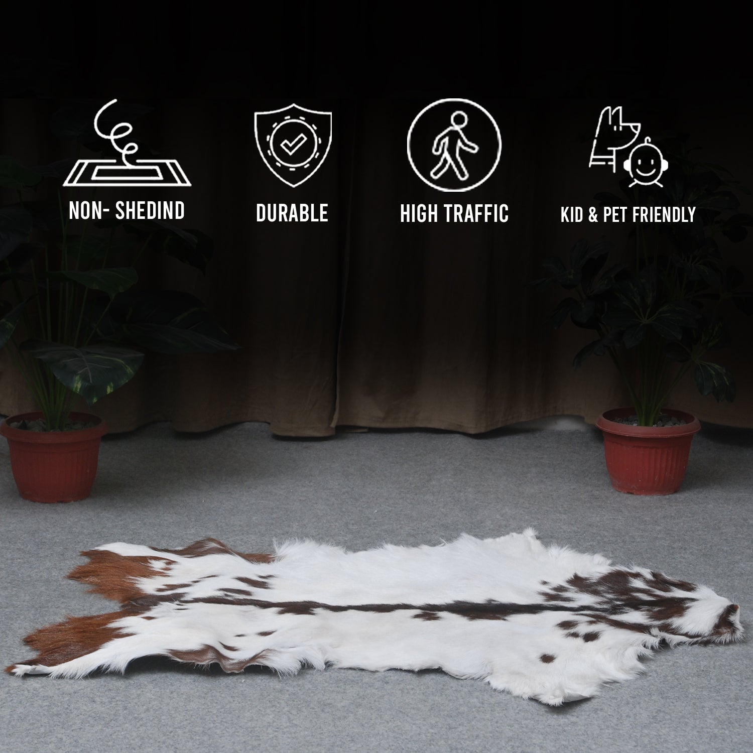 Luxurious Brown & White Goat Skin Rug - Soft, Durable, and Eco-Friendly - Handmade Pure Goat Skin Floor Rug - Non-Slip Suede Back