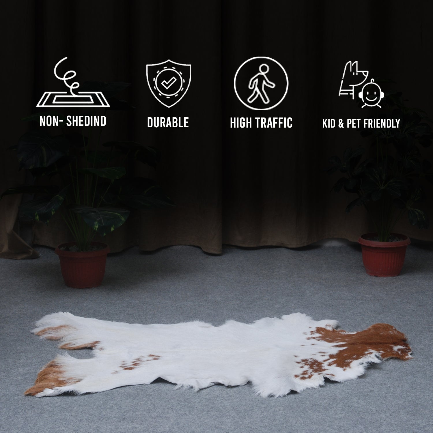 Handcrafted Brown and White Goat Skin Rug - Soft, Durable, and Elegant Décor