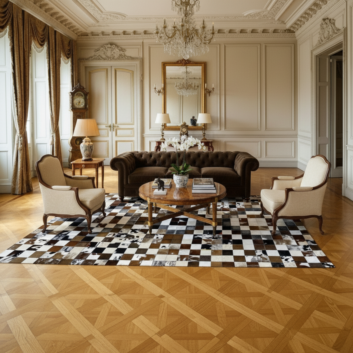 Luxurious Handmade Cowhide Patchwork Rug – Genuine Hair-On Hide Micro-Square Mosaic Leather Floor Rug