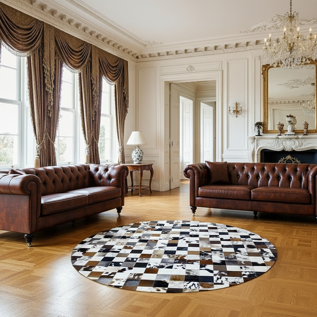 Luxurious living room with brown leather sofas and a patterned rug.