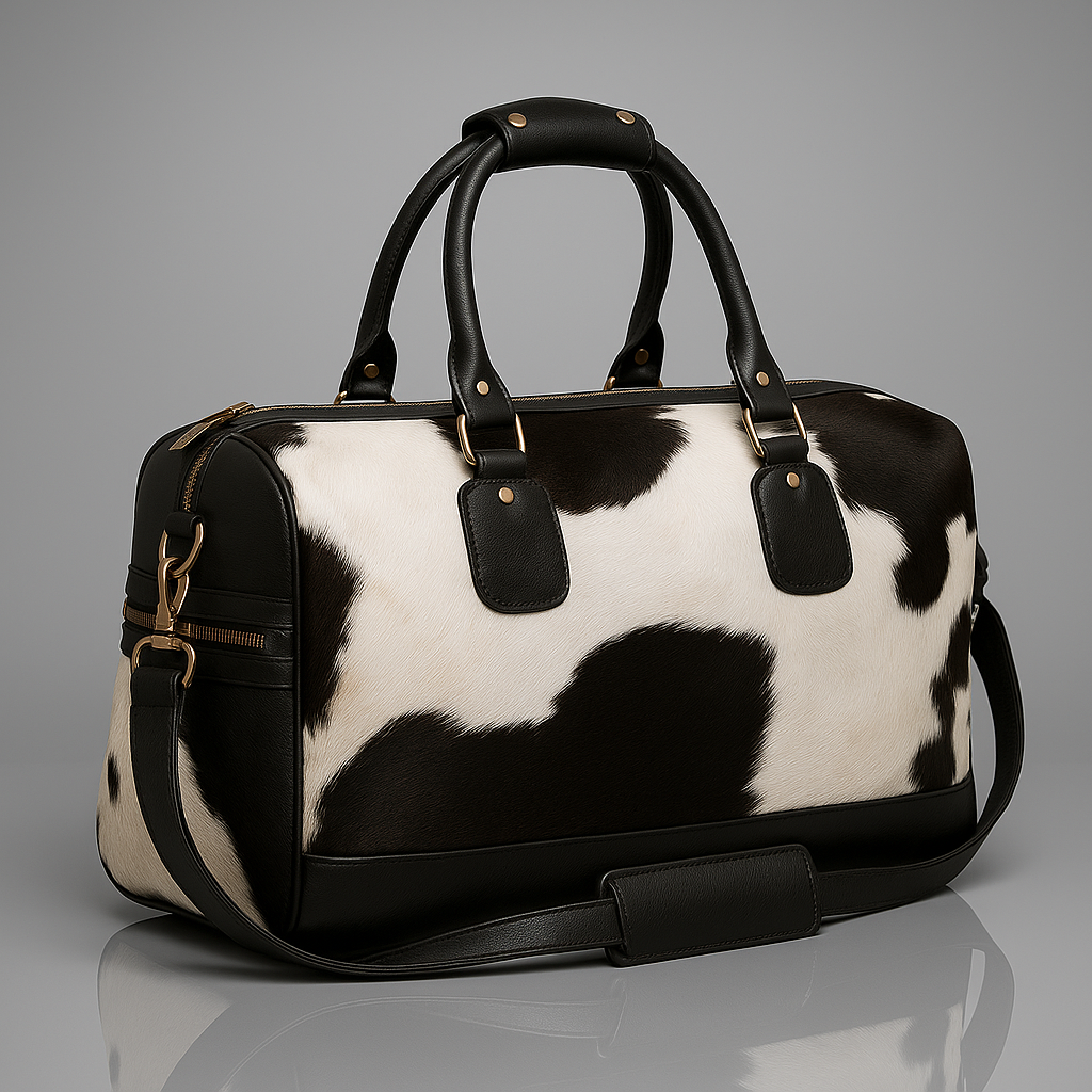 Luxurious Black and White Cowhide Leather Travel Tote Duffle Bag with Full-Grain Accents - Handcrafted Shoulder Bag for Weekend Trips