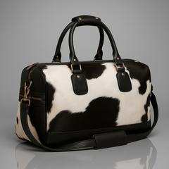 Luxurious Black and White Cowhide Leather Travel Tote Duffle Bag with Full-Grain Accents - Handcrafted Shoulder Bag for Weekend Trips