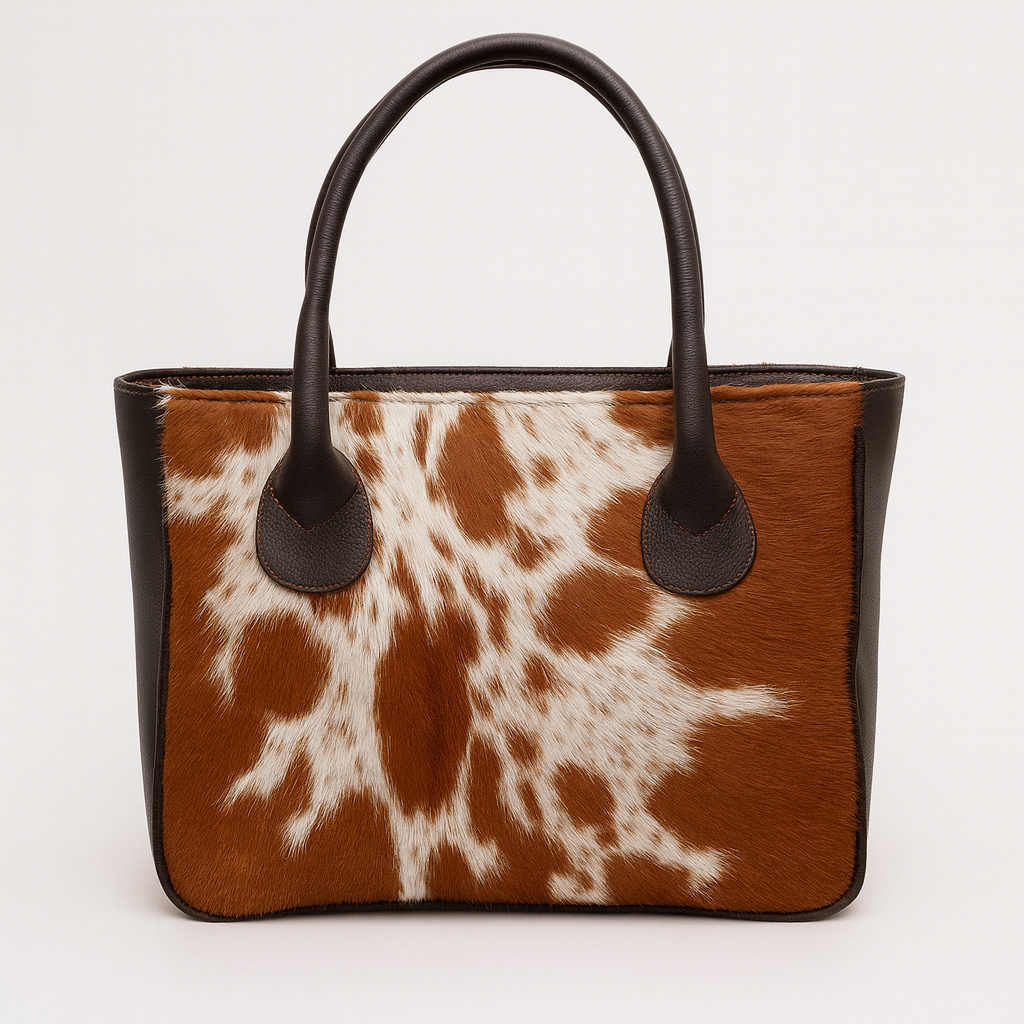 Brown And White Cowhide Shoulder Bag - Handmade Hair on Leather Tote with Natural Animal Print - Fashionable, Spacious, and Easy to Clean