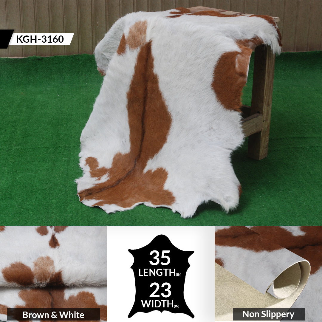 Handcrafted Brown and White Goat Skin Rug - Soft, Durable, and Elegant Décor