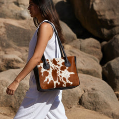 Brown And White Cowhide Shoulder Bag - Handmade Hair on Leather Tote with Natural Animal Print - Fashionable, Spacious, and Easy to Clean
