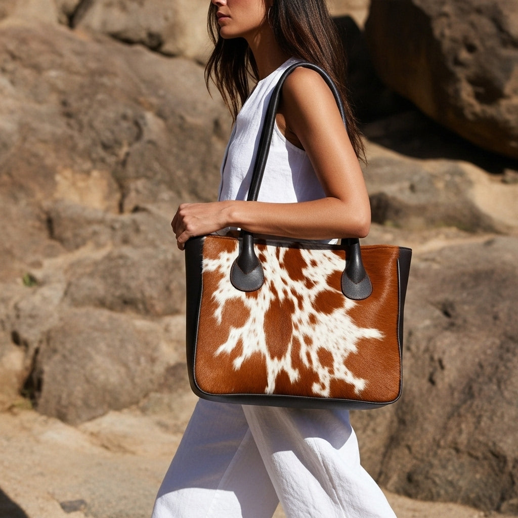 Brown And White Cowhide Shoulder Bag - Handmade Hair on Leather Tote with Natural Animal Print - Fashionable, Spacious, and Easy to Clean