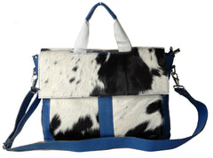 Stylish Cowhide Leather Laptop Bag with Blue Straps & Natural Hairs – Eco-Friendly - Functional Messenger Bag for Ladies