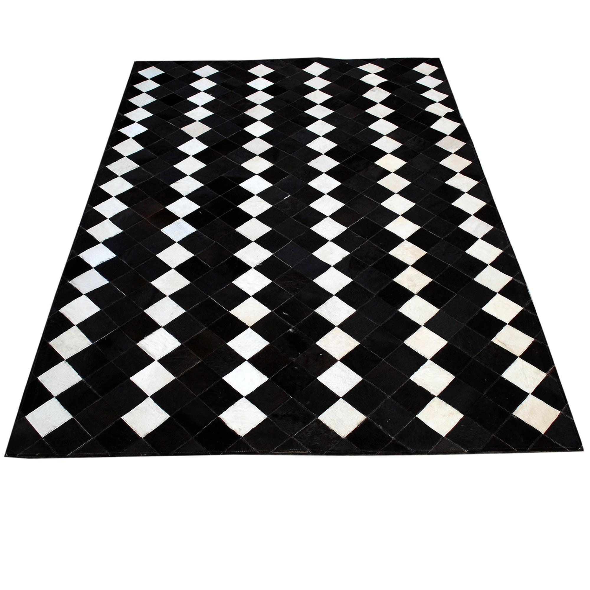 Luxurious Handmade Cowhide Patchwork Rug with Zig Zag Stitching - Unique Leather Area Rug for Home Décor - Customizable Designs Available